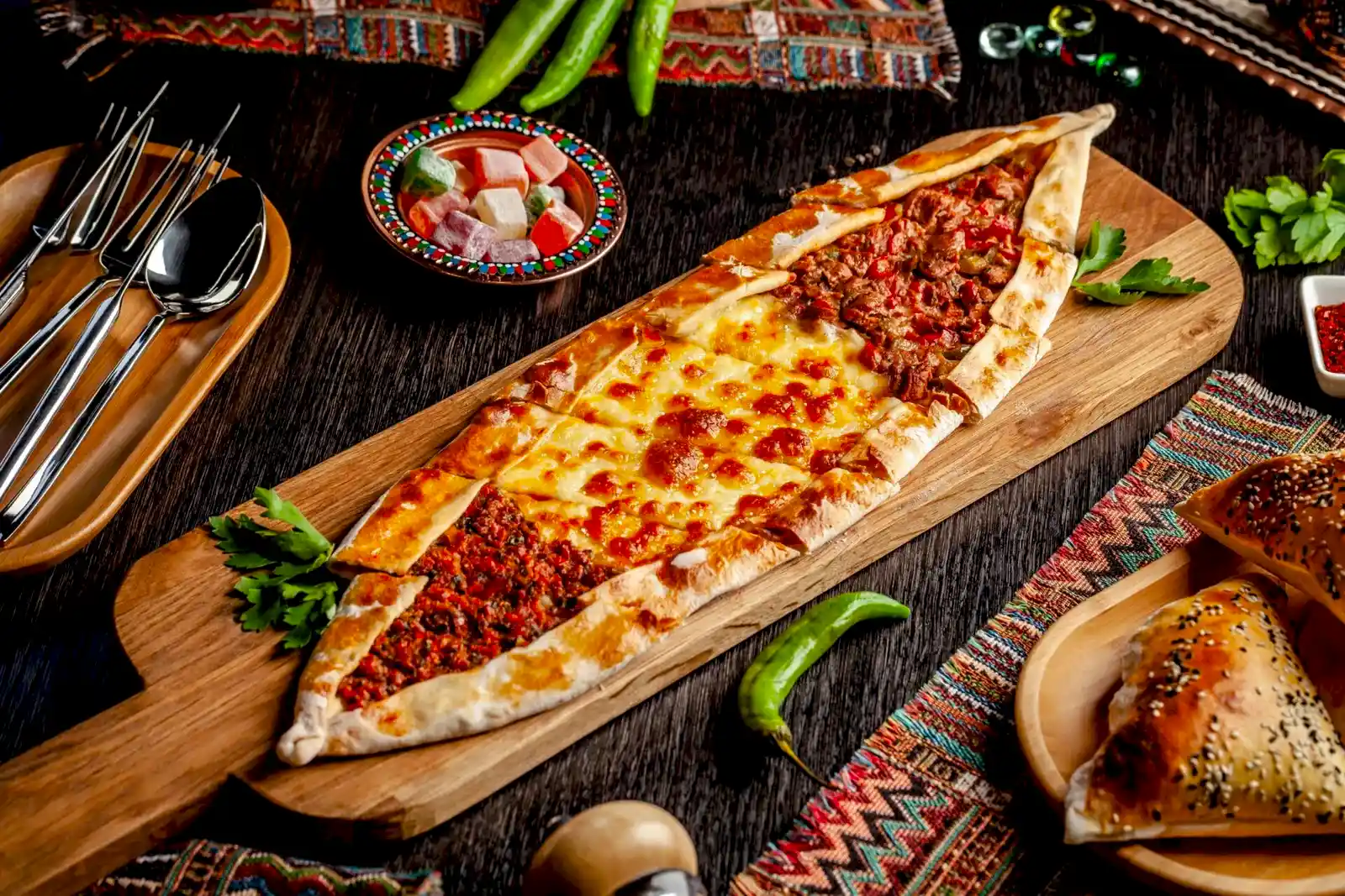 Traditional Turkish cuisine. Turkish pizza Pita with a different stuffing, meat, cheese, slices of veal. Turk Pidesi or Sucuk Pide. Serving dishes in the restaurant. Copy space
